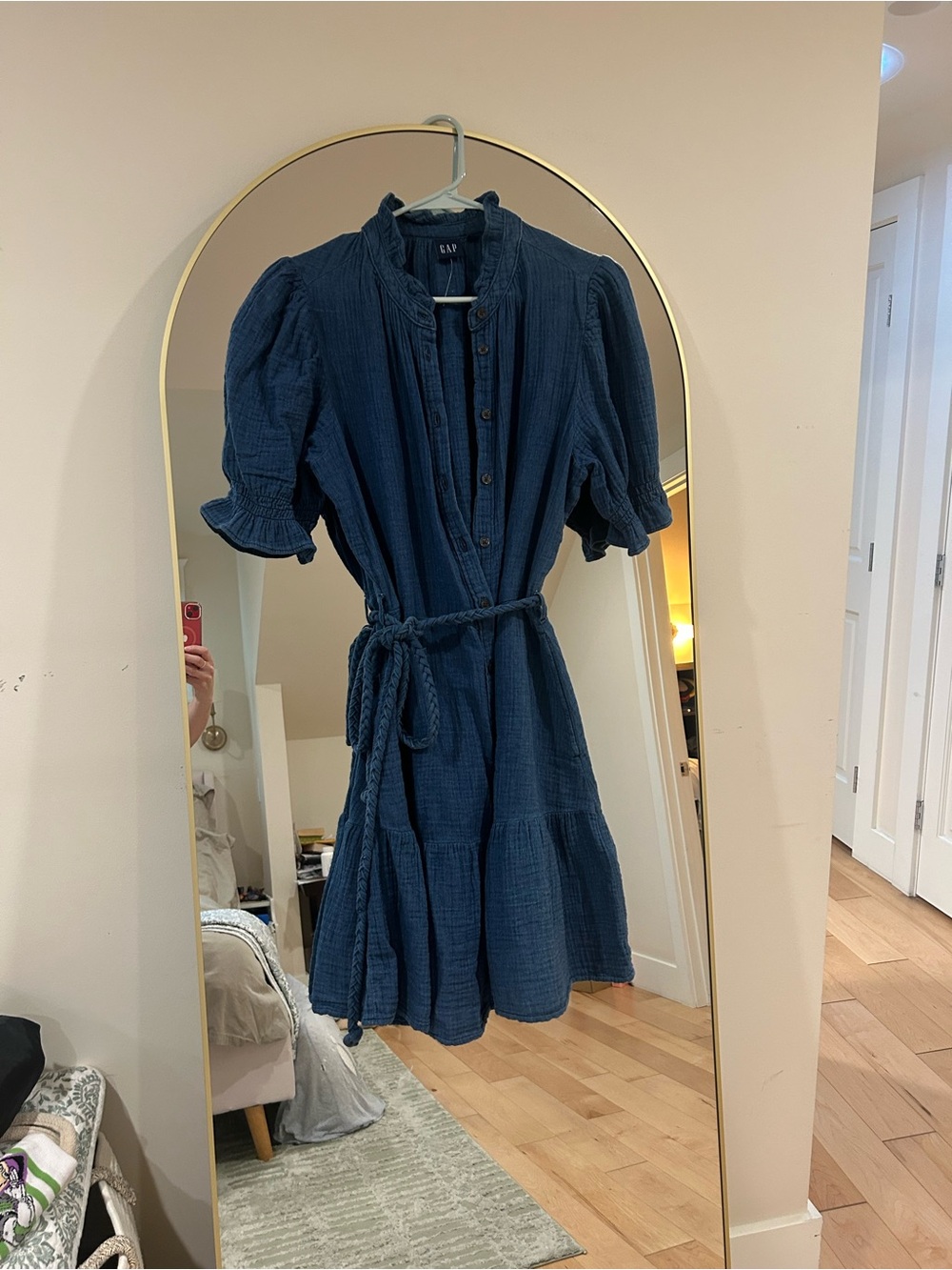 GAP Dark Blue Textured Tiered Midi Dress with Tie Waist